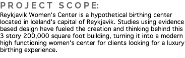 P R O J E C T S C O P E:
Reykjavik Women's Center is a hypothetical birthing center located in Iceland's capital of Reykjavik. Studies using evidence based design have fueled the creation and thinking behind this 3 story 200,000 square foot building, turning it into a modern high functioning women's center for clients looking for a luxury birthing experience.